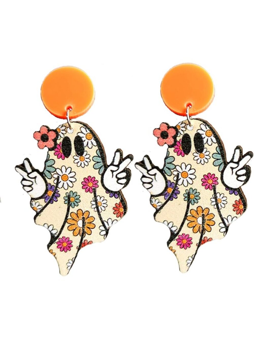 Women's Orange Wooden Spooky Dangle Flower Drop Stuff Charms Halloween Earrings